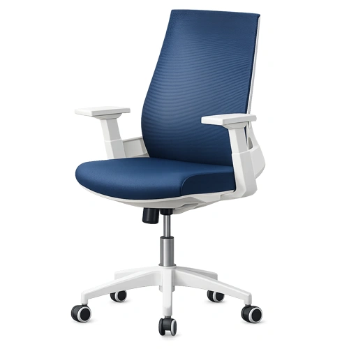 Blue mesh office chair with white frame and armrests.