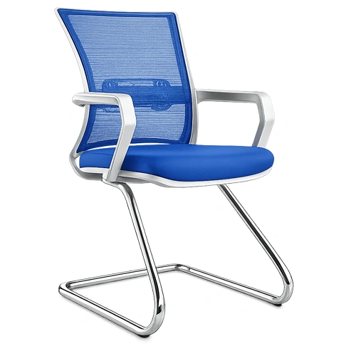 Blue mesh visitor chair with metal frame and armrests.