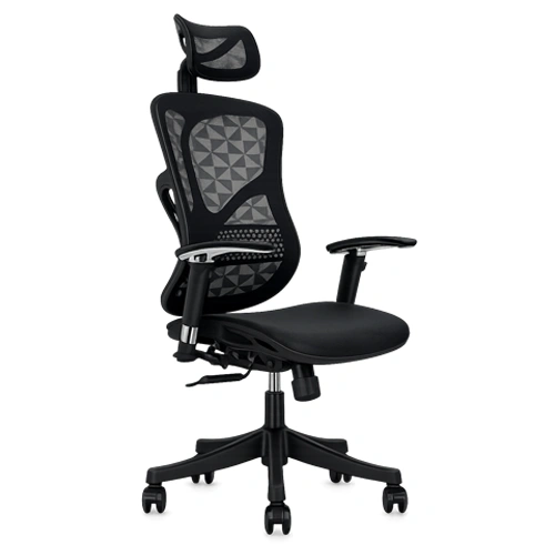Ergonomic office chair with headrest and adjustable lumbar support.
