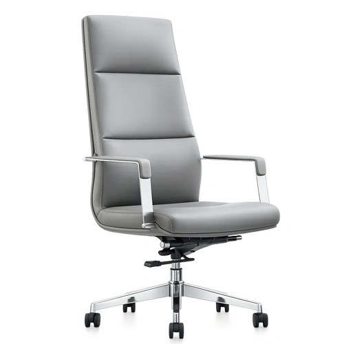 Gray high back office chair with cushioned seat and metal armrests.