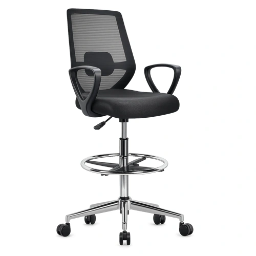 Black mesh office chair with adjustable height and foot ring.