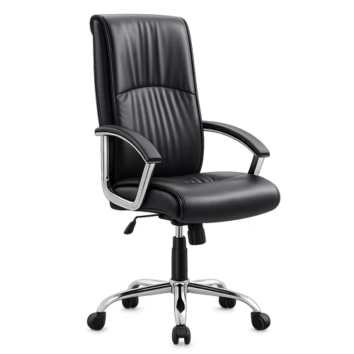 Black mid back office chair with cushioned seat and armrests.