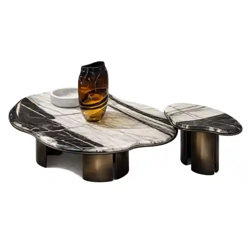 Luxury Claude Panda white marble coffee table with artistic black veining and bronze metal legs.