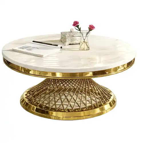 Luxury golden stainless steel teapoy marble coffee table with round white marble top and designer metal base.