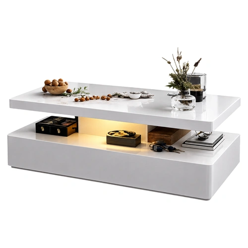 Modern glossy white coffee table with LED shelf and storage space.