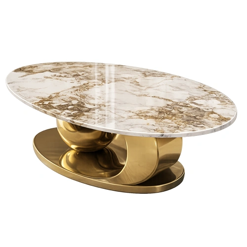 Modern marble coffee table with an oval stone top and gold base.