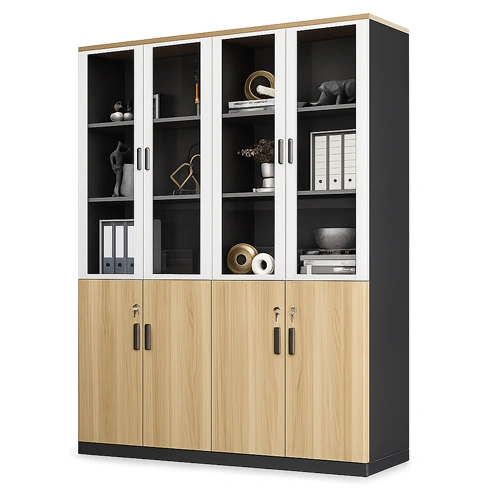 Modern office file storage cabinet with glass doors and wooden shelves by Office Furniture Suppliers in Qatar.