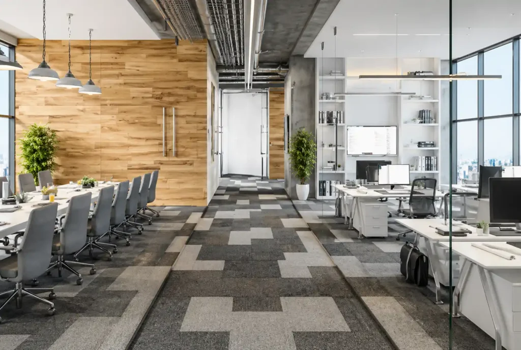 Modern office workspace design by office furniture suppliers in Qatar with desks and meeting area.