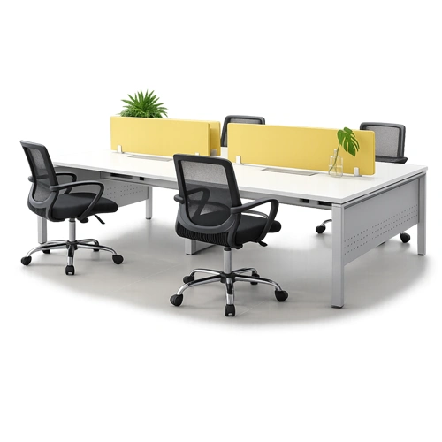 Modern shared office workstation desk with ergonomic chairs and privacy panels.