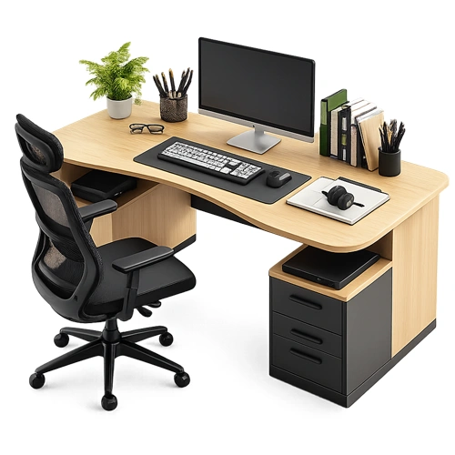 Modern wooden office desk with ergonomic chair and computer setup by Office Furniture Suppliers in Qatar