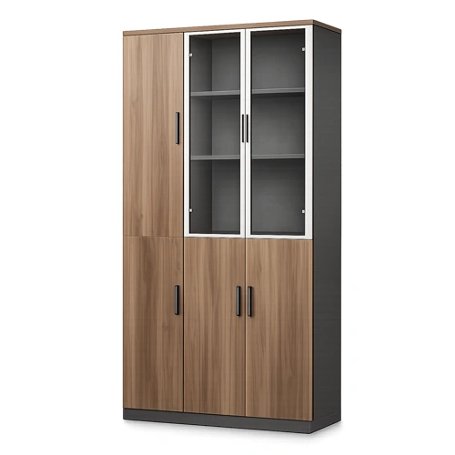 Modern wooden office filing cabinet with glass doors and storage compartments.