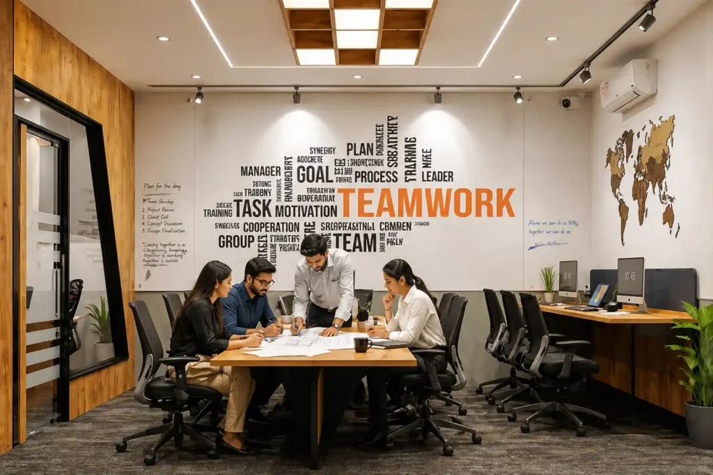 Team collaborating in a modern office meeting room with desks and chairs.