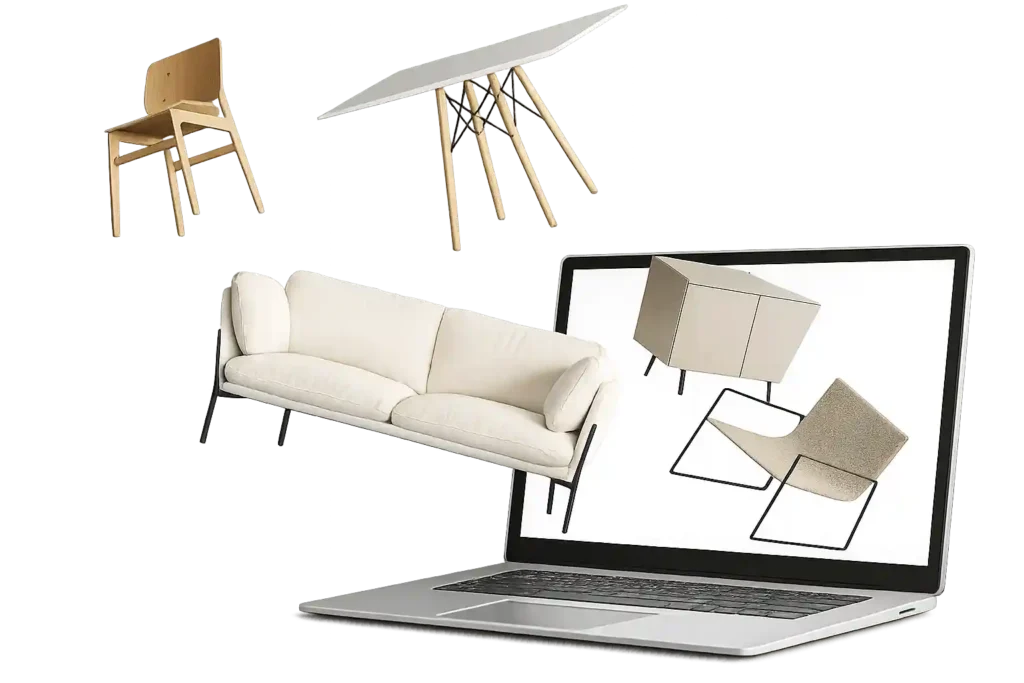 Modern online furniture browsing and ordering setup with sofa, chair, and table designs.