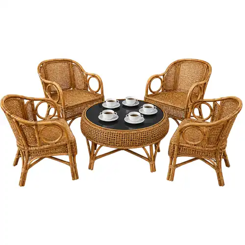 Rattan coffee table set with matching chairs and tea cups.