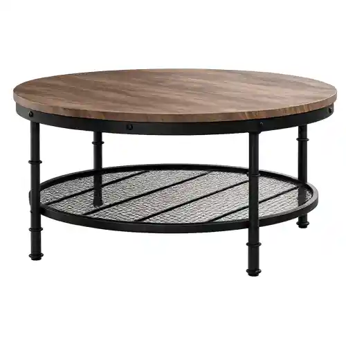 Round coffee table with wooden top and black metal frame placed for living room use.